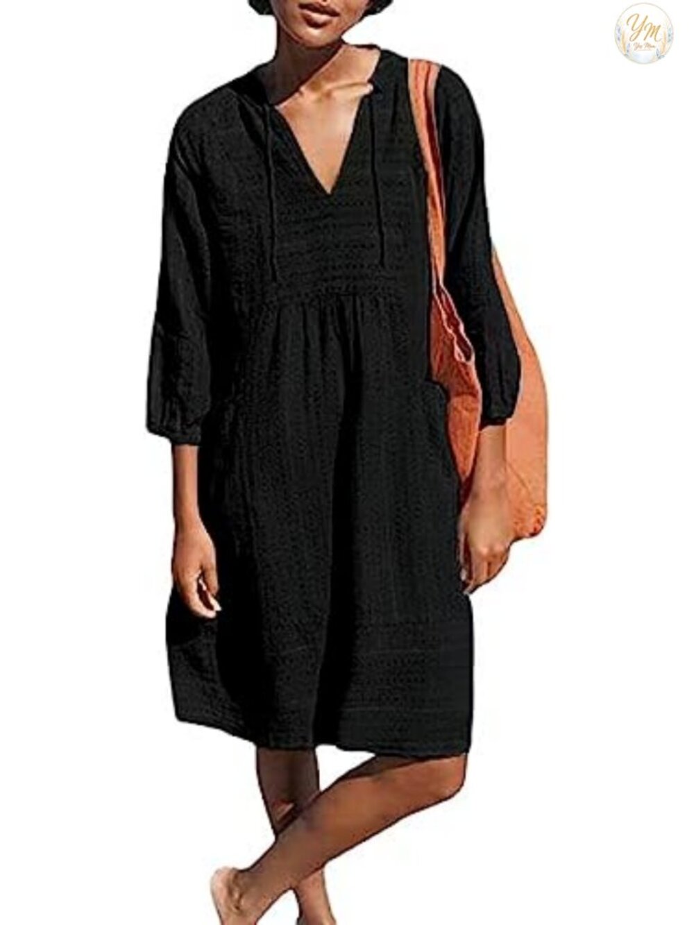 Lafural Womens V Neck Cotton Tunic Dress 3/4 Sleeve Pocket Shift